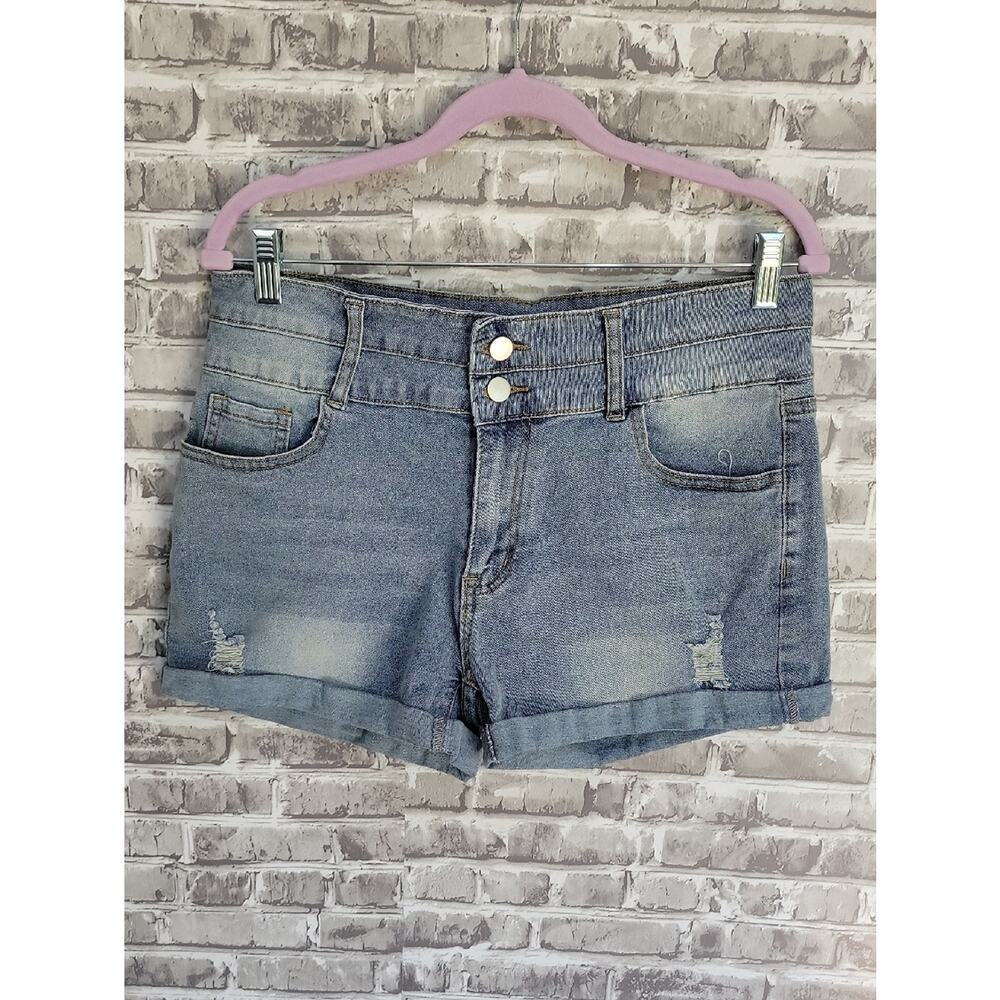 Womens Light Blue Denim Jean Shorts, Double-Button Waist, Sz XL, Stretchy